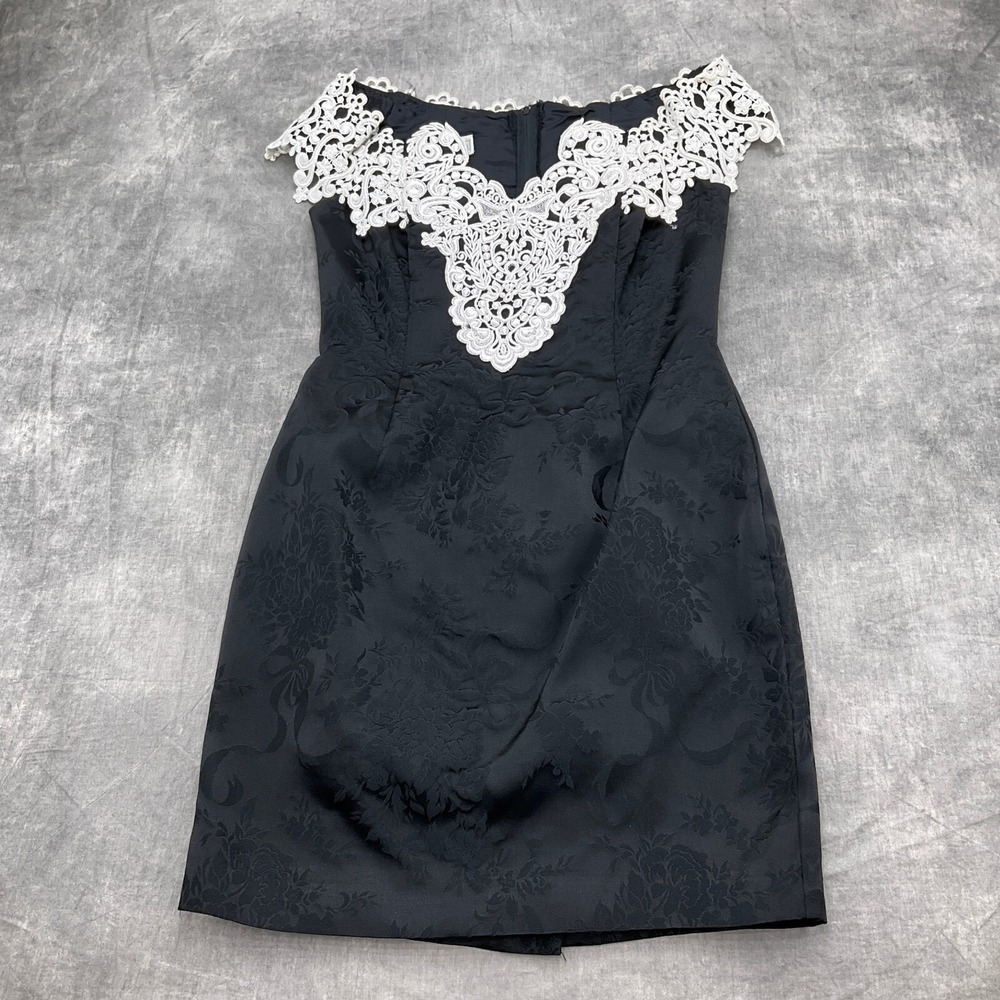 Scott McClintock Dress Women 12P Black White Lace Jacquard Prom Gala VTG USA